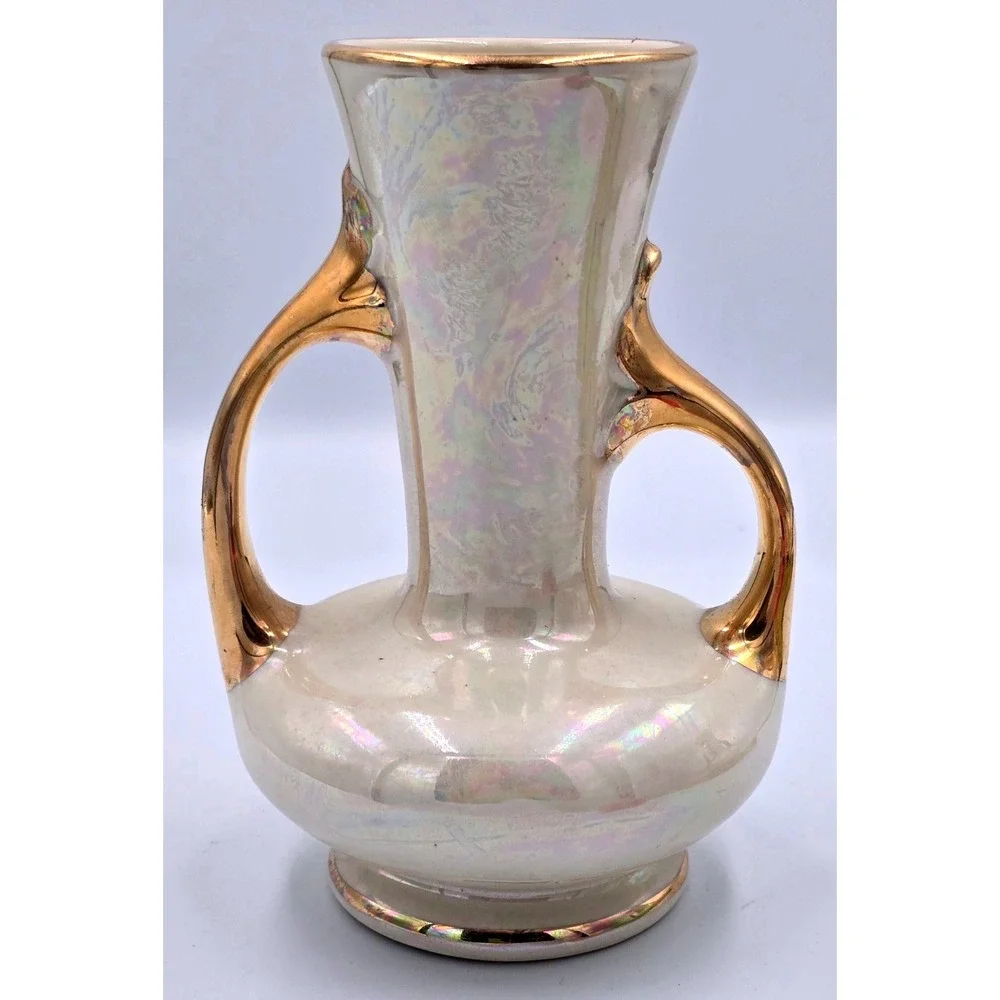 22KT Gold Trim Vintage Pearl China Co Iridescent Lusterware Vase Double Handlled